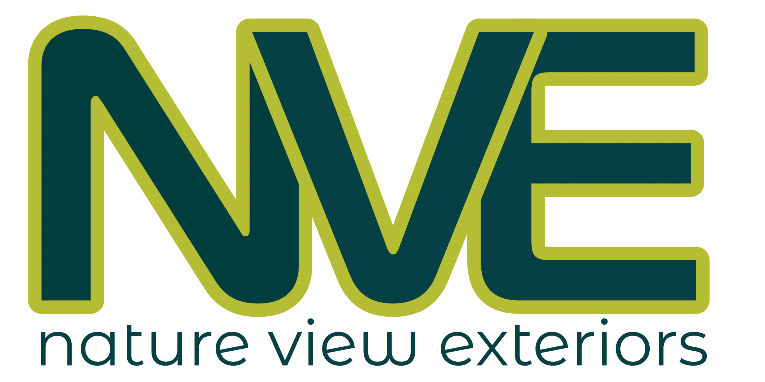 The image shows a logo for "NVE" with the text "nature view exteriors" below it. The logo features green and dark blue colors.